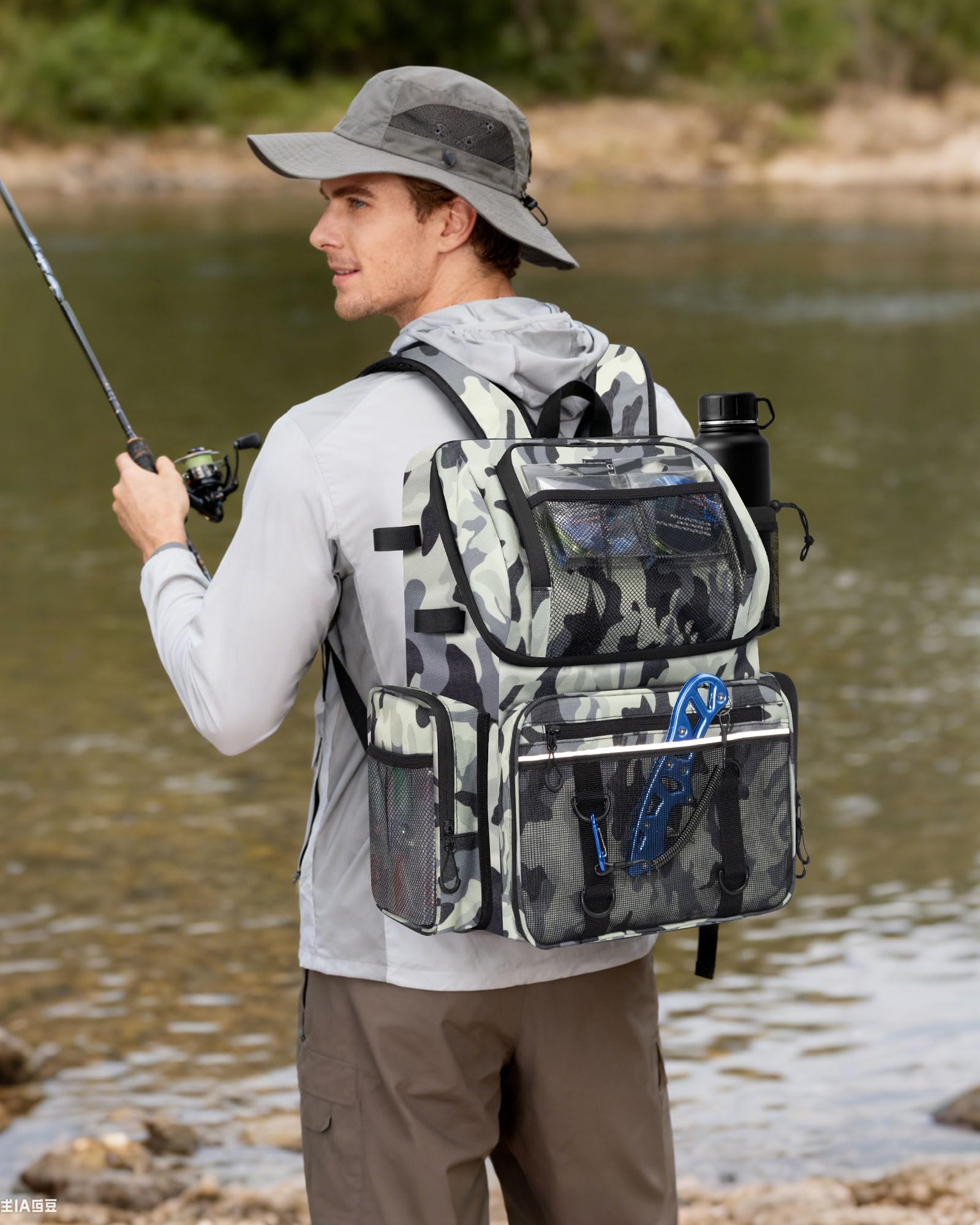 BAVGRED Fishing Backpack, Large Water Resistant Tackle Bag Storage Fishing Gear and Equipment, Built-in Cooler Compartment Grey