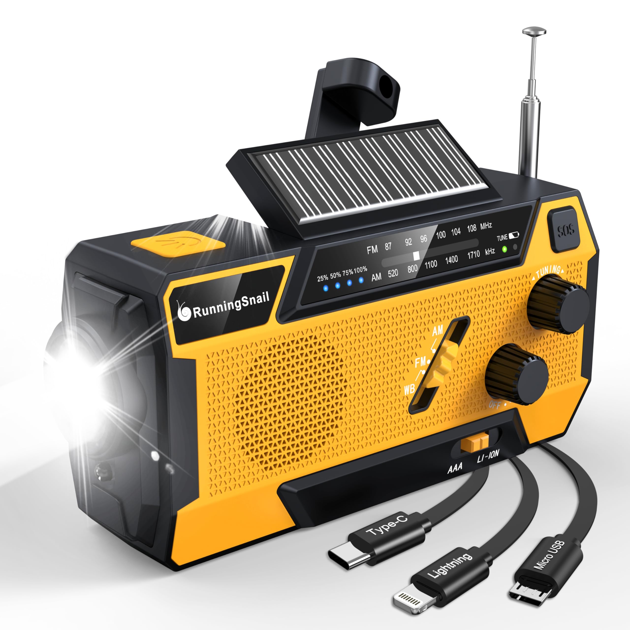 Emergency Crank Weather Radio: AM/FM/NOAA Weather Radio with 3 Built-in Cable - Hand Crank Radio with 2000mAh, Solar Charge, Hand Crank & Battery Operated, SOS Alarm, Flashlight for Outdoor Emergency