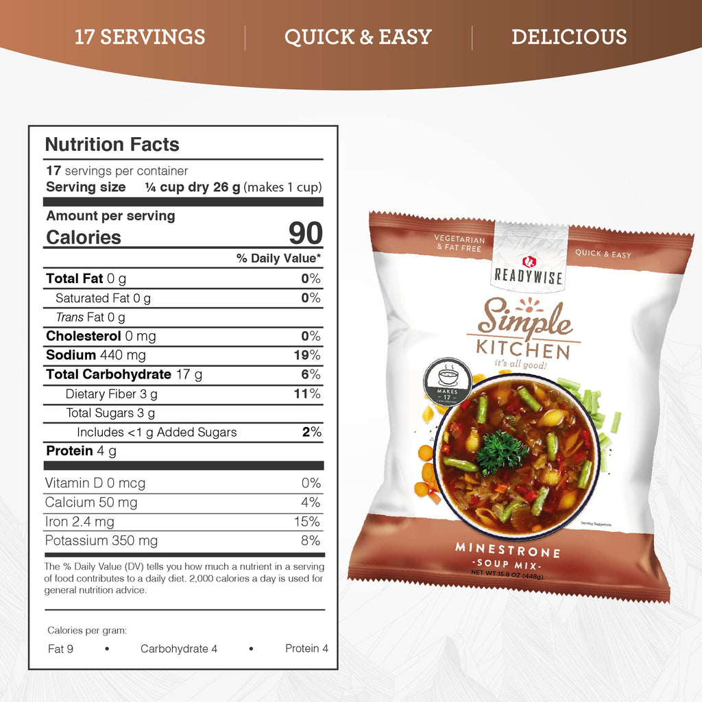 READYWISE - Simple Kitchen, Tomato Basil Soup, 17 Servings, MRE, Gluten Free, & Vegetarian, Food, Soup Mix, for Events, Hiking, Emergency Food Supply, Camping Essentials, or Daily Use, 1 Pack