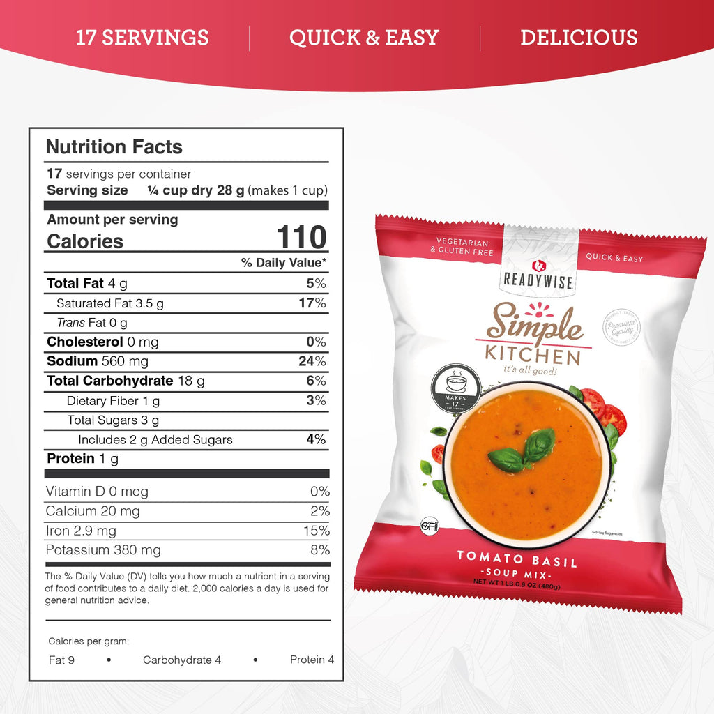 READYWISE - Simple Kitchen, Tomato Basil Soup, 17 Servings, MRE, Gluten Free, & Vegetarian, Food, Soup Mix, for Events, Hiking, Emergency Food Supply, Camping Essentials, or Daily Use, 1 Pack