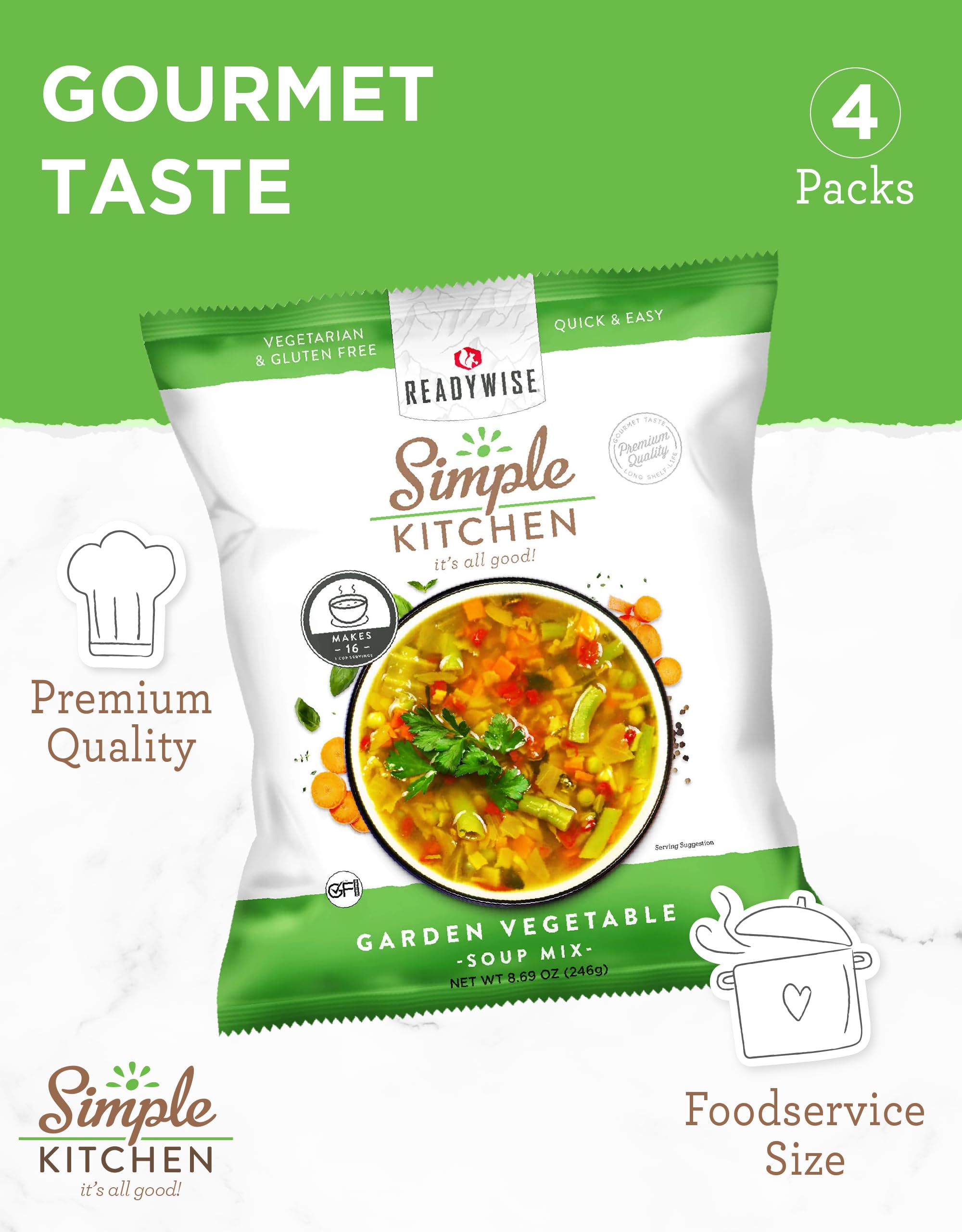 Simple Kitchen Garden Vegetable Soup Mix - 17 Servings for Meal Prep, Gluten Free, Vegetarian, Dehydrated & Freeze Dried Survival Food for Camping Meals, Backpacking & Hiking, Survival Kit, Pack of 4