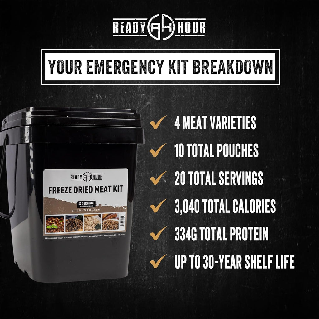 Ready Hour Freeze-Dried Meat Kit (20 Servings), Emergency Supply, Prepper Supply, Protein Source, Emergency Food, Prepper Survival Kit, Bulk Meat, Shelf-Stable, Long-Term Storage