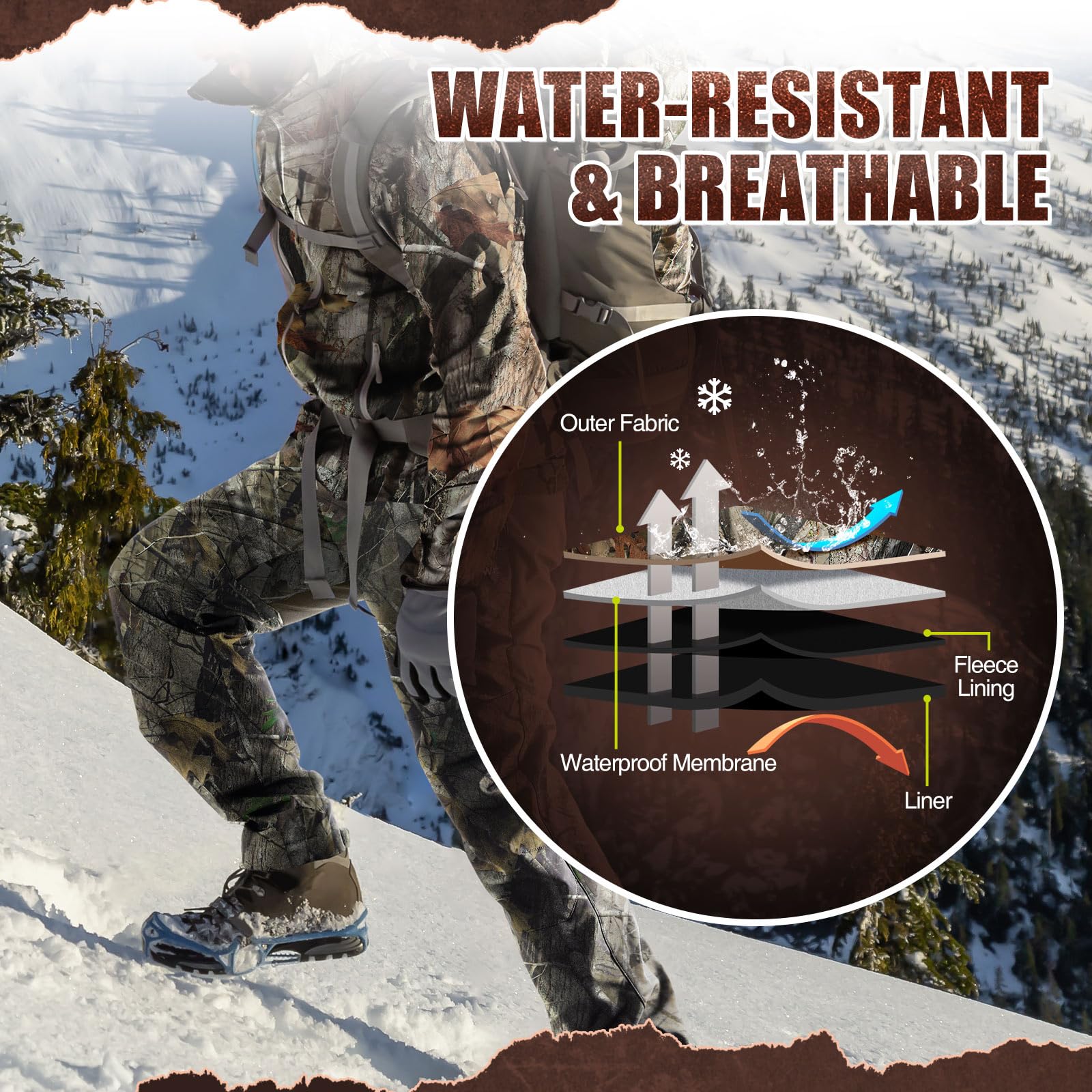 TIDEWE Hunting Pants Heated for Men with Battery Pack, Water Resistant Rechargeable Hiking Pants for Trekking Skiing Climbing