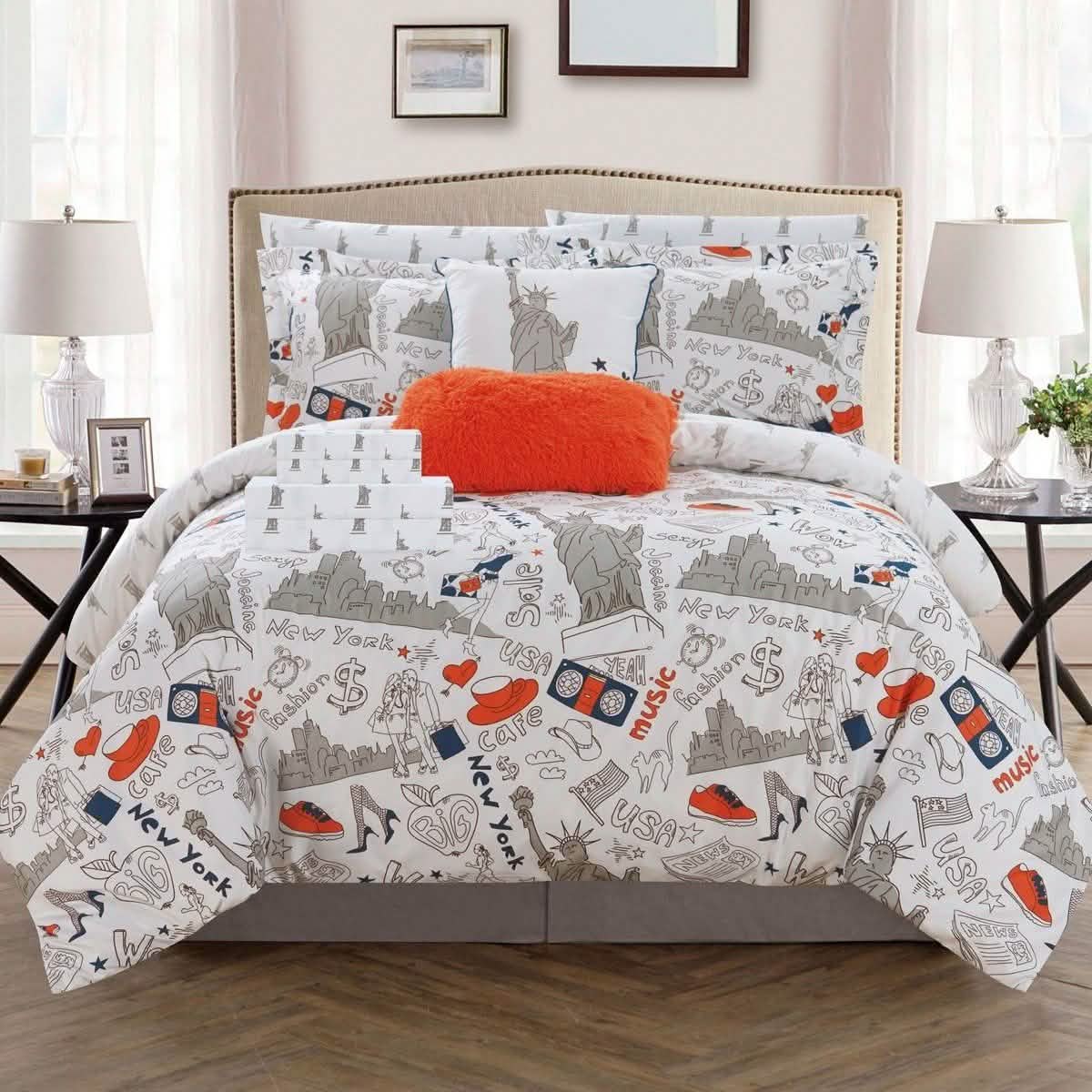 9-Piece Set: Liberty Reversible Comforter Set New York Theme Printed Design Bed