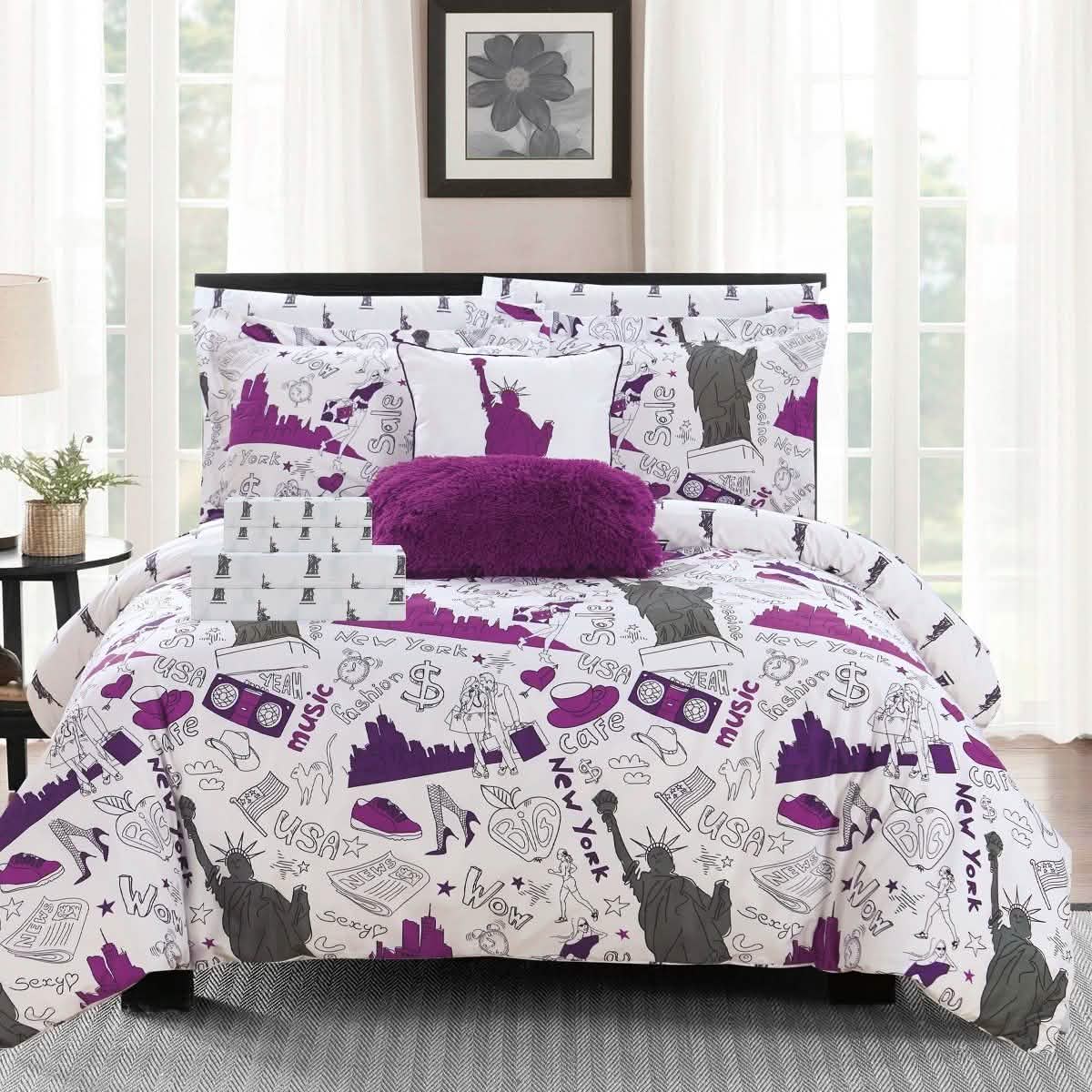 9-Piece Set: Liberty Reversible Comforter Set New York Theme Printed Design Bed