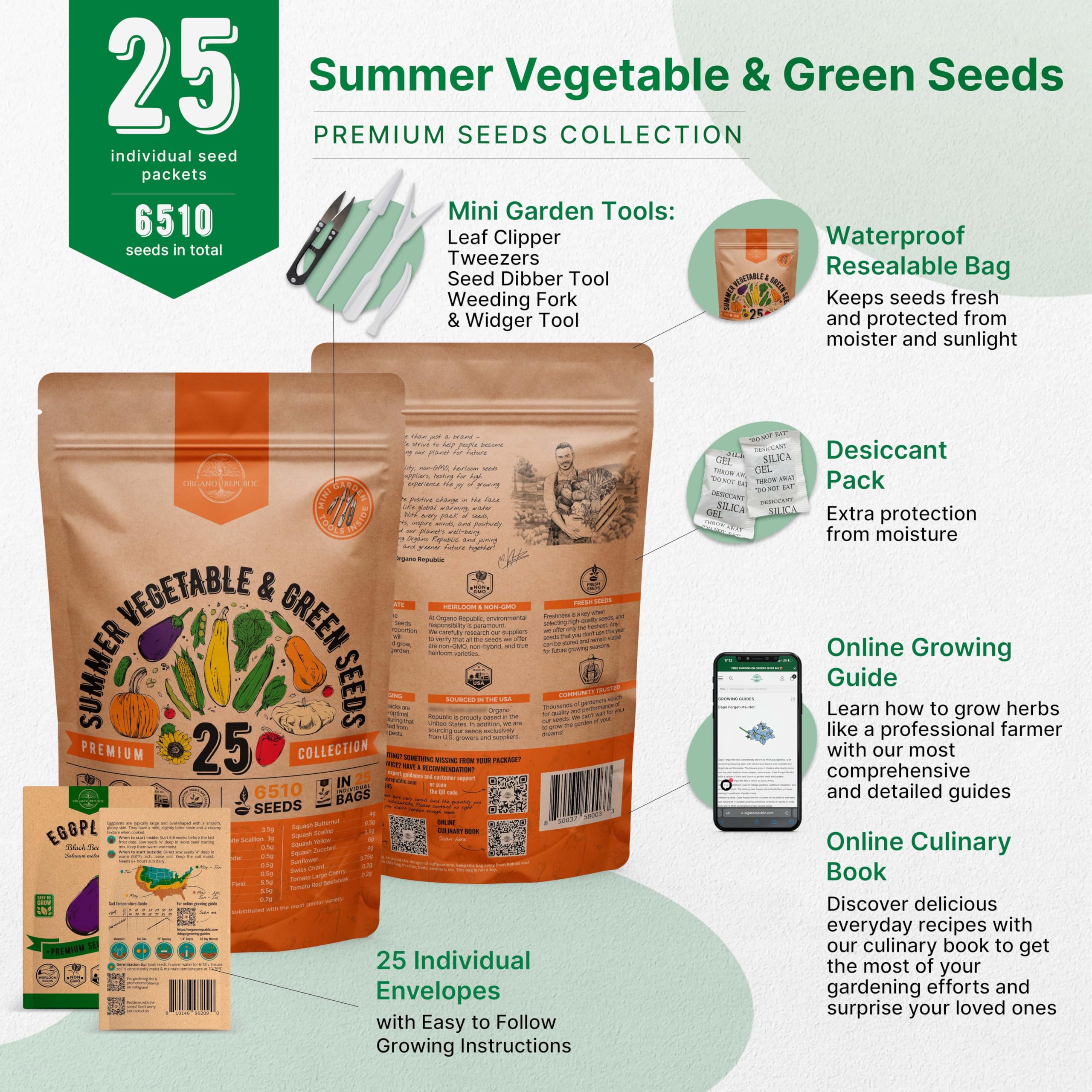 Organo Republic 25 Winter Vegetable & Green Seeds Variety Pack for Outdoors & Indoor Home Gardening 27670+ Non-GMO Heirloom Seeds: Broccoli Beet Carrot Collard Lettuce Radish Spinach Pea Kohlrabi
