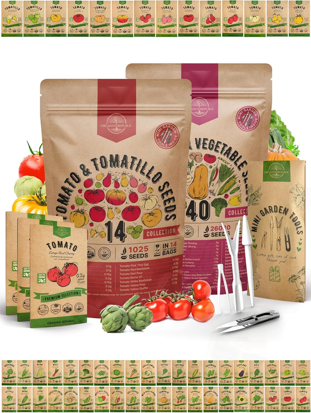 14 Tomato Seeds & 40 Vegetable Seeds Variety Pack Bundle, 27,025+ Non-GMO Heirloom Garden Seeds for Planting Tomatoes and Vegetables for Indoor & Outdoor Gardening