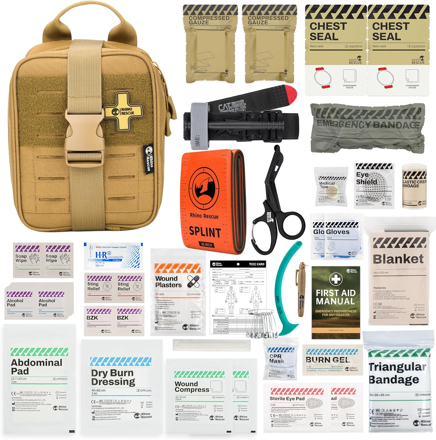 RHINO RESCUE 6" Israeli Style Emergency Bandage + IFAK Trauma Kit with C-A-T Tourniquet for Wound Care (PRO, Coyote)