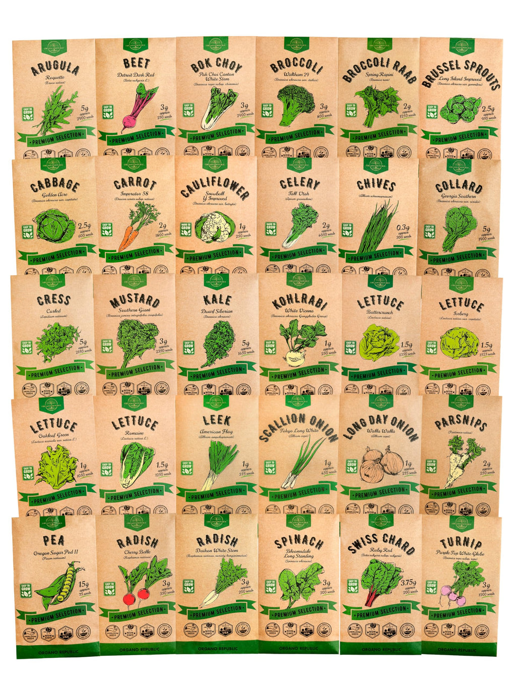 Organo Republic 25 Winter Vegetable & Green Seeds Variety Pack for Outdoors & Indoor Home Gardening 27670+ Non-GMO Heirloom Seeds: Broccoli Beet Carrot Collard Lettuce Radish Spinach Pea Kohlrabi