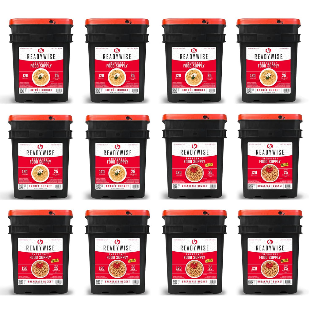 ReadyWise Emergency Food Supply - 1440 Servings Breakfast & Entrée Buckets, Protein Meals & Freeze Dried Bulk Food, Survival Kit for Backpacking & Camping Essentials, up to 25 Year Shelf Life