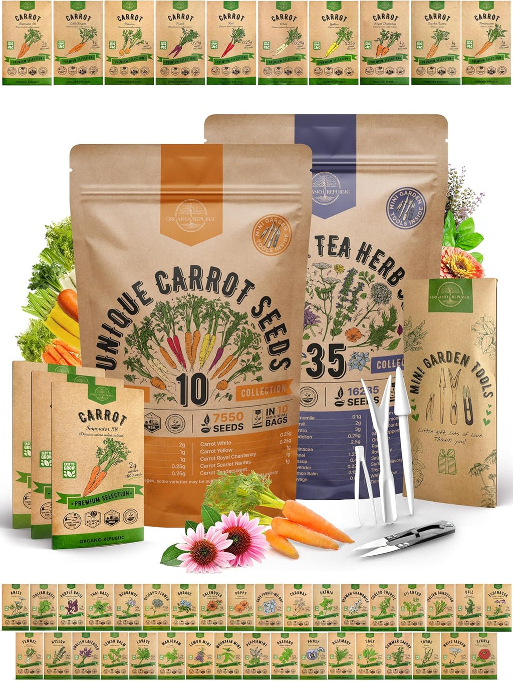 Organo Republic 10 Carrot Seeds and 35 Medicinal & Tea Herb Seeds Variety Pack Bundle, 23,885+ Non-GMO Heirloom Garden Seeds for Planting Carrots and Herbs for Indoor & Outdoor Gardening