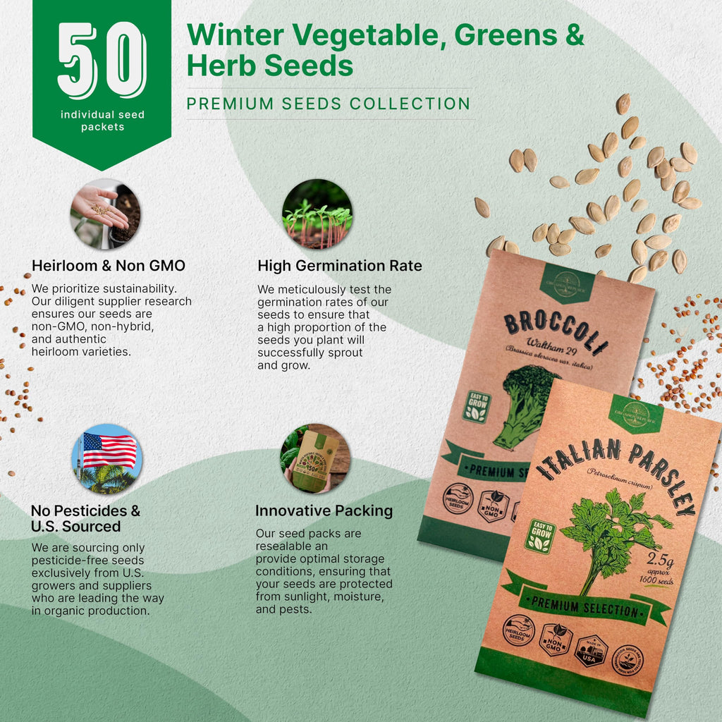Organo Republic 25 Winter Vegetable & Green Seeds Variety Pack for Outdoors & Indoor Home Gardening 27670+ Non-GMO Heirloom Seeds: Broccoli Beet Carrot Collard Lettuce Radish Spinach Pea Kohlrabi