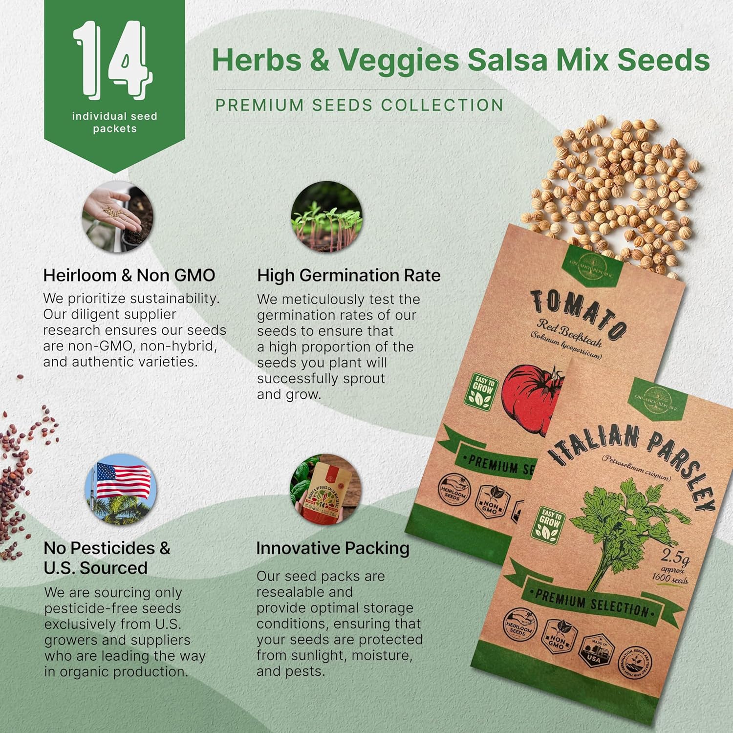 Organo Republic 14 Herb, Tomato & Chili Pepper Gardening Seeds Salsa Variety Pack for Outdoors & Indoor Garden 5180+ Non-GMO Heirloom Seeds Cilantro, Basil, Oregano, Parsley, Onion, Pepper Tomato Seed