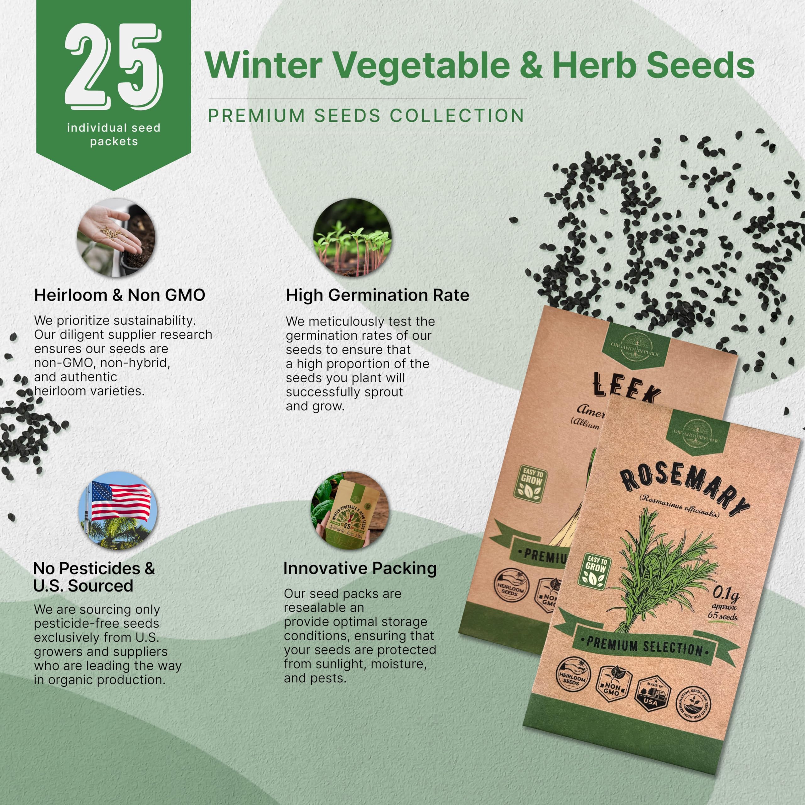 Organo Republic 25 Winter Vegetable & Green Seeds Variety Pack for Outdoors & Indoor Home Gardening 27670+ Non-GMO Heirloom Seeds: Broccoli Beet Carrot Collard Lettuce Radish Spinach Pea Kohlrabi