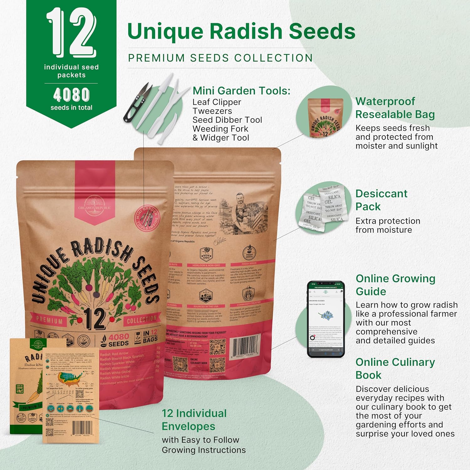 Organo Republic 8 Onion Seeds Variety Pack Heirloom, Non-GMO, Sets for Indoors, Outdoors Gardening. 2200+ Seeds: Walla Walla, Green Onion, Red Burgundy, White & Yellow Sweet Spanish Onions