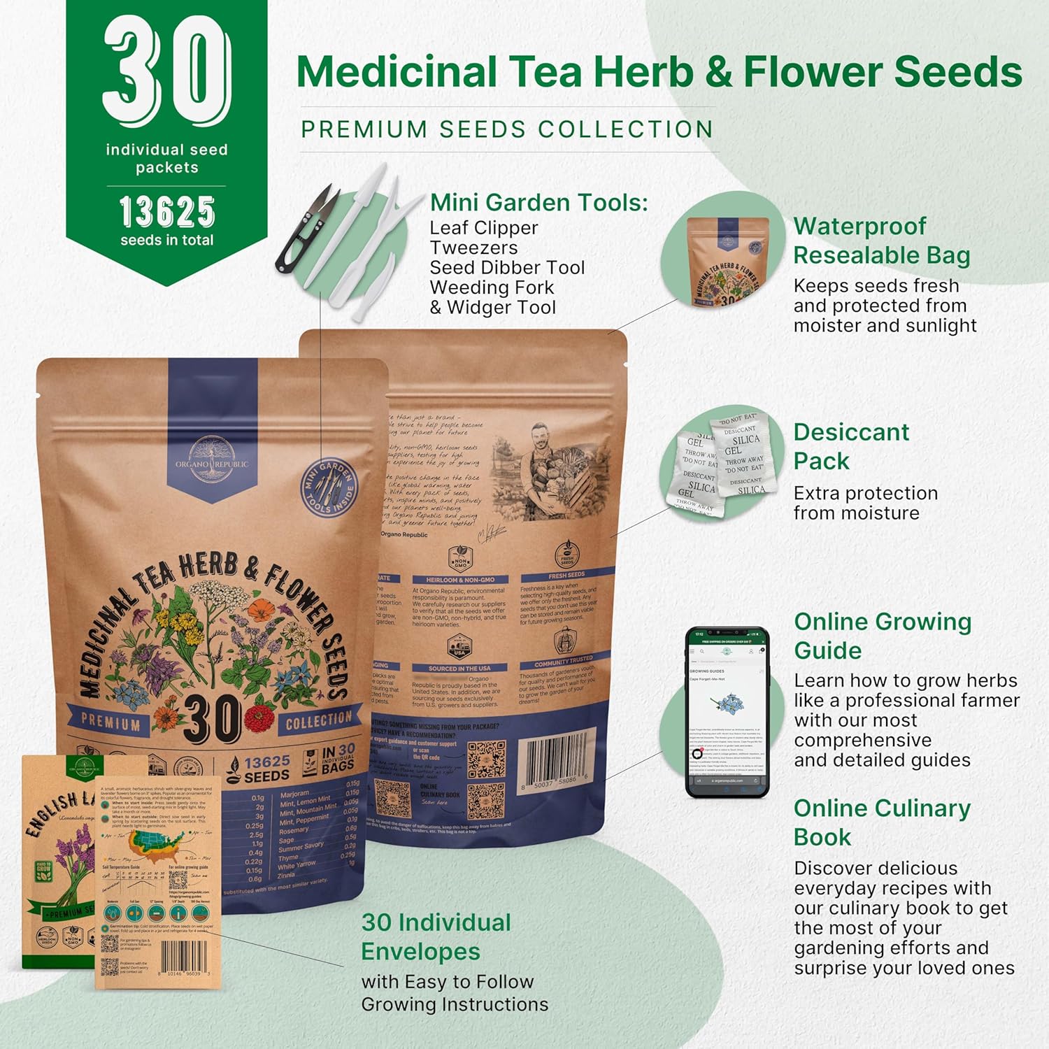 Organo Republic 25 Edible Flower Seeds Variety Pack for Indoor Outdoor Gardening - 8,000+ Non-GMO Heirloom Flower Seeds: Anise, Hyssop, Nasturtium, Pansy, Echinacea, Lavender, Chives & More