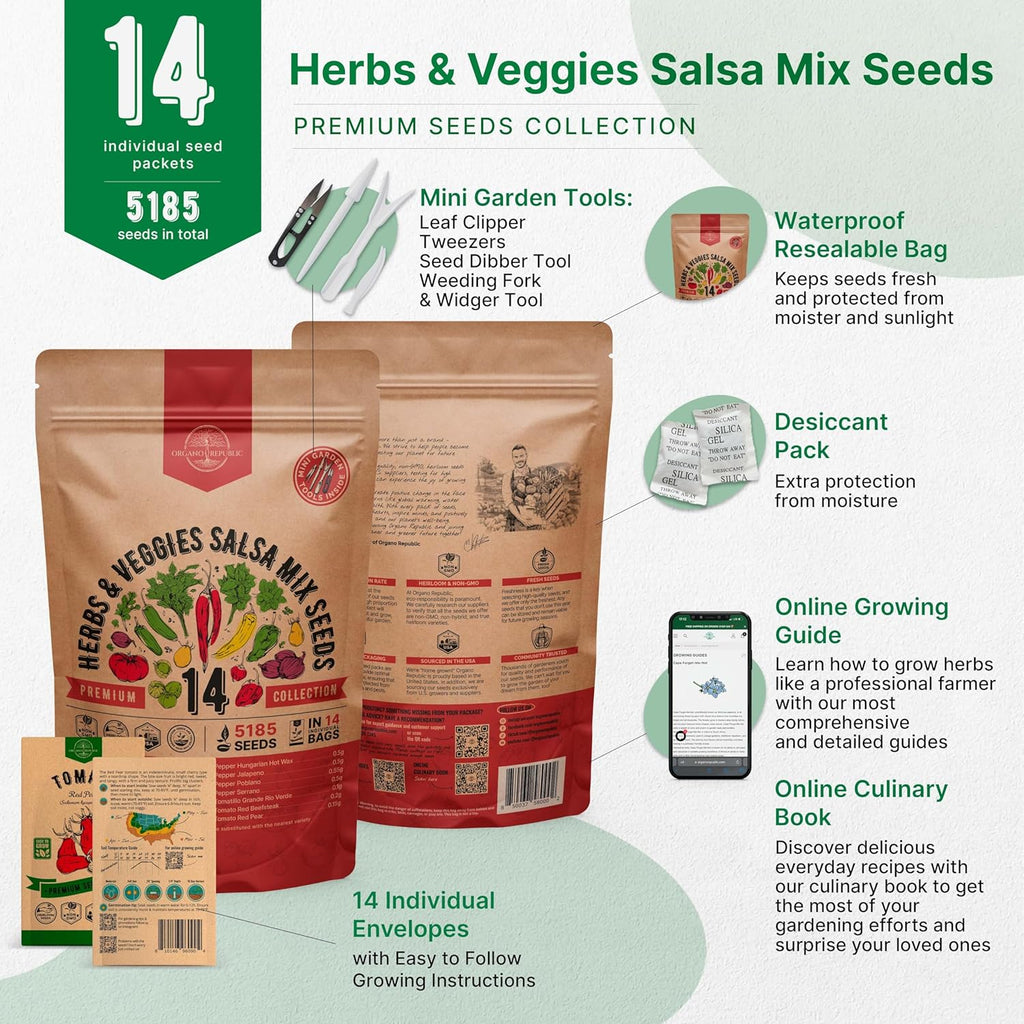 Organo Republic 14 Herb, Tomato & Chili Pepper Gardening Seeds Salsa Variety Pack for Outdoors & Indoor Garden 5180+ Non-GMO Heirloom Seeds Cilantro, Basil, Oregano, Parsley, Onion, Pepper Tomato Seed