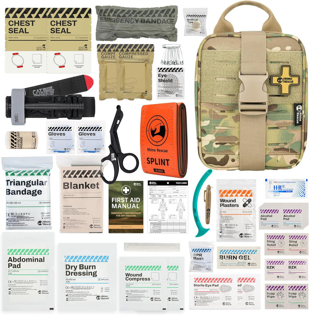 Rhino RESUE Bundle-Vented Chest Seal, 4 Vents, Sterile Emergency Trauma Dressing, Occlusive Adhesive Pad+Trauma Kit with C-A-T Tourniquet, Tactical First Aid Kit Molle Pouch for Military