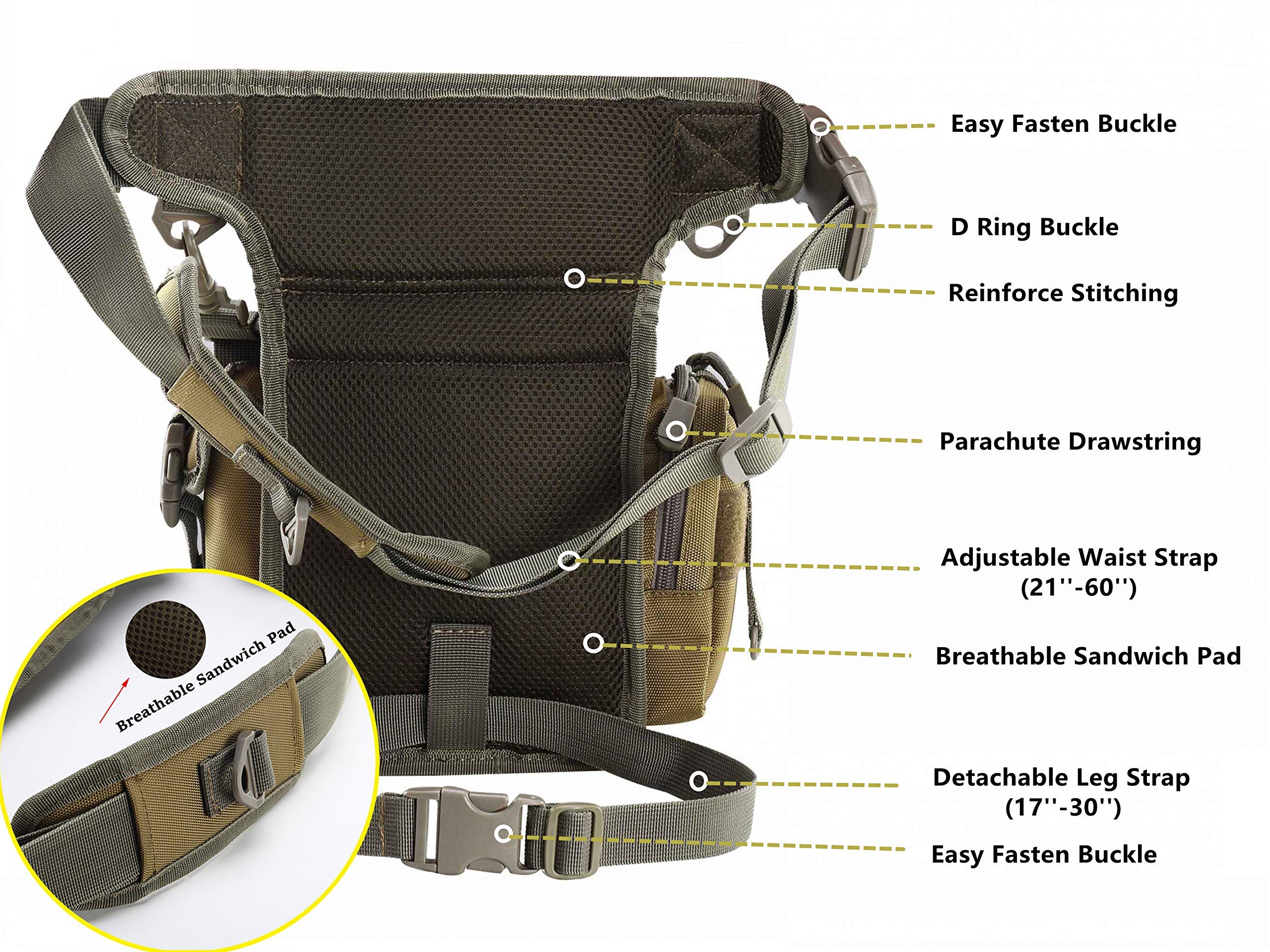 Jueachy Drop Leg Bag for Men Tactical Metal Detecting Thigh Pack with Water Bottle Pouch