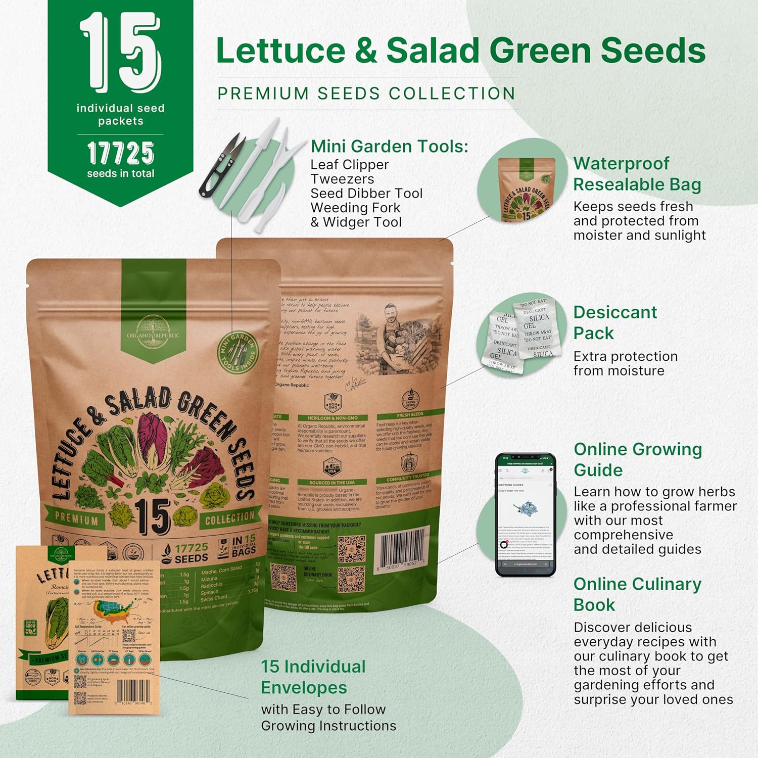 Organo Republic 22 Lettuce & Salad Greens Seeds Variety Pack 24,700+ Non-GMO Heirloom Lettuce Seeds for Indoor & Outdoor Garden, Hydroponics, Aerogarden - Arugula, Kale, Spinach, Swiss Chard, Lettuce