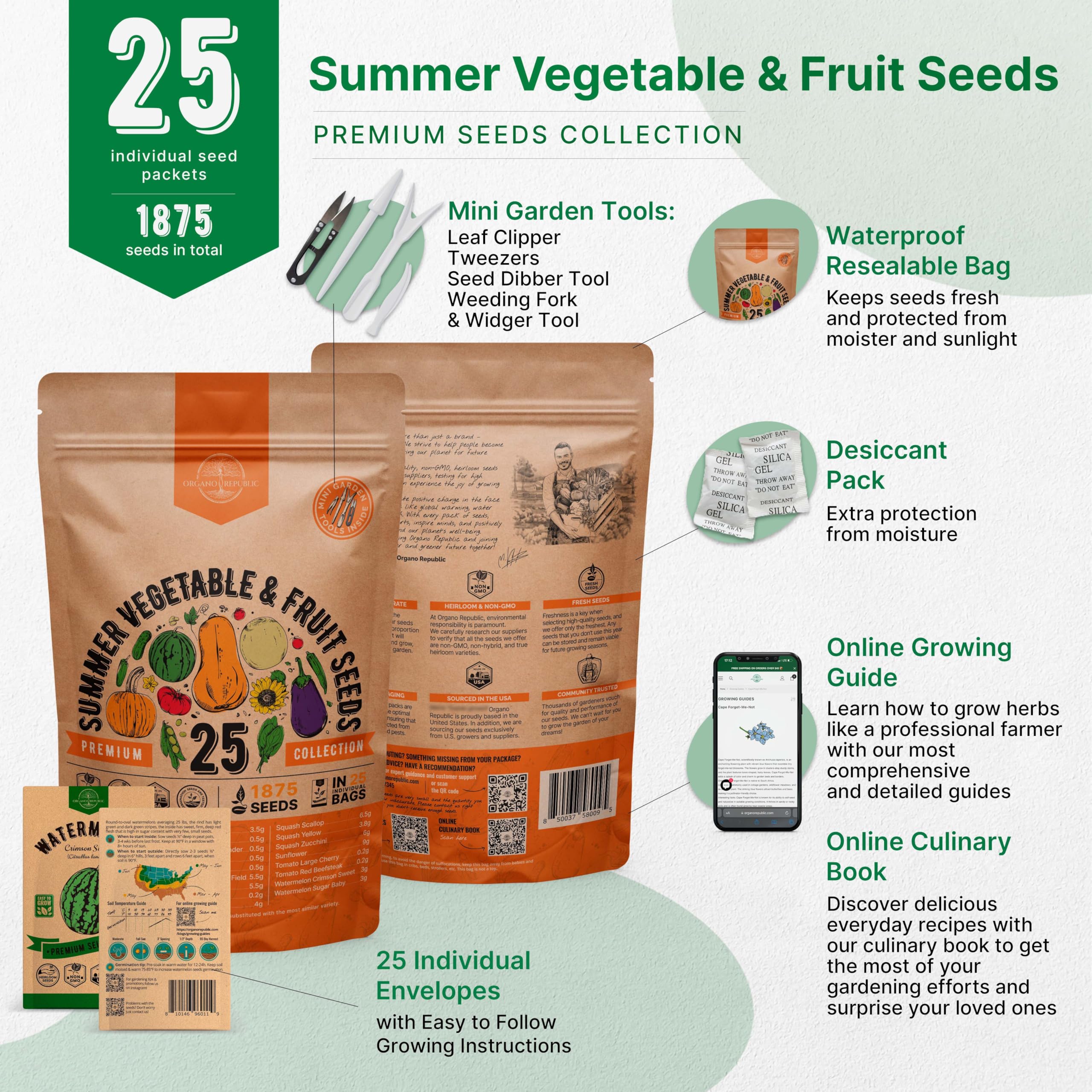 Organo Republic 25 Winter Vegetable & Green Seeds Variety Pack for Outdoors & Indoor Home Gardening 27670+ Non-GMO Heirloom Seeds: Broccoli Beet Carrot Collard Lettuce Radish Spinach Pea Kohlrabi