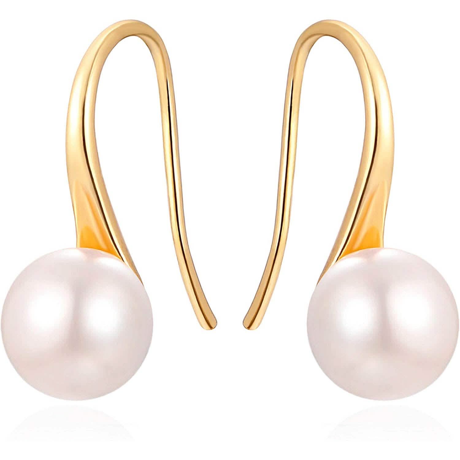 925 Sterling Silver 7.5-8mm White Freshwater Cultured Pearl Dangle Drop Earrings