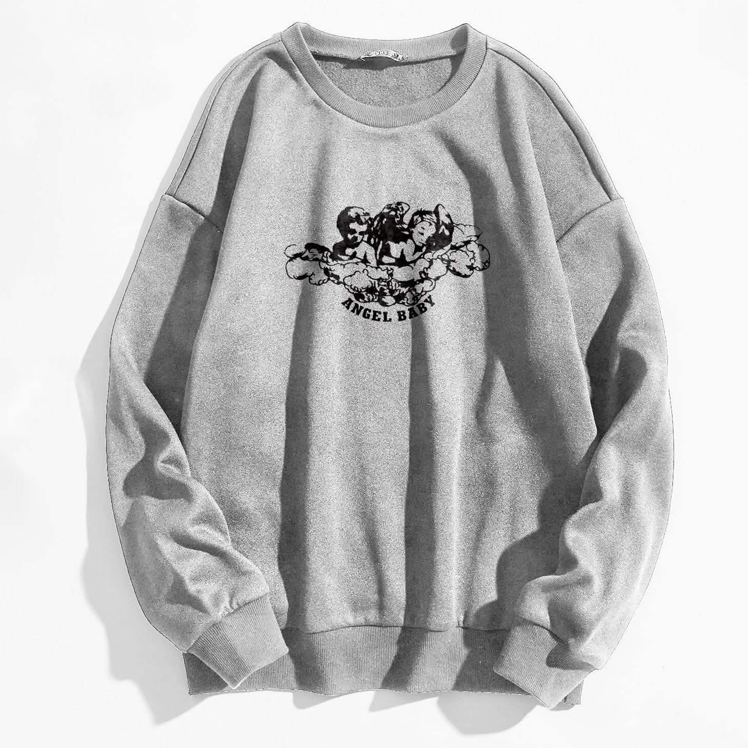 Angel and Letter Graphic Oversized Thermal Sweatshirt