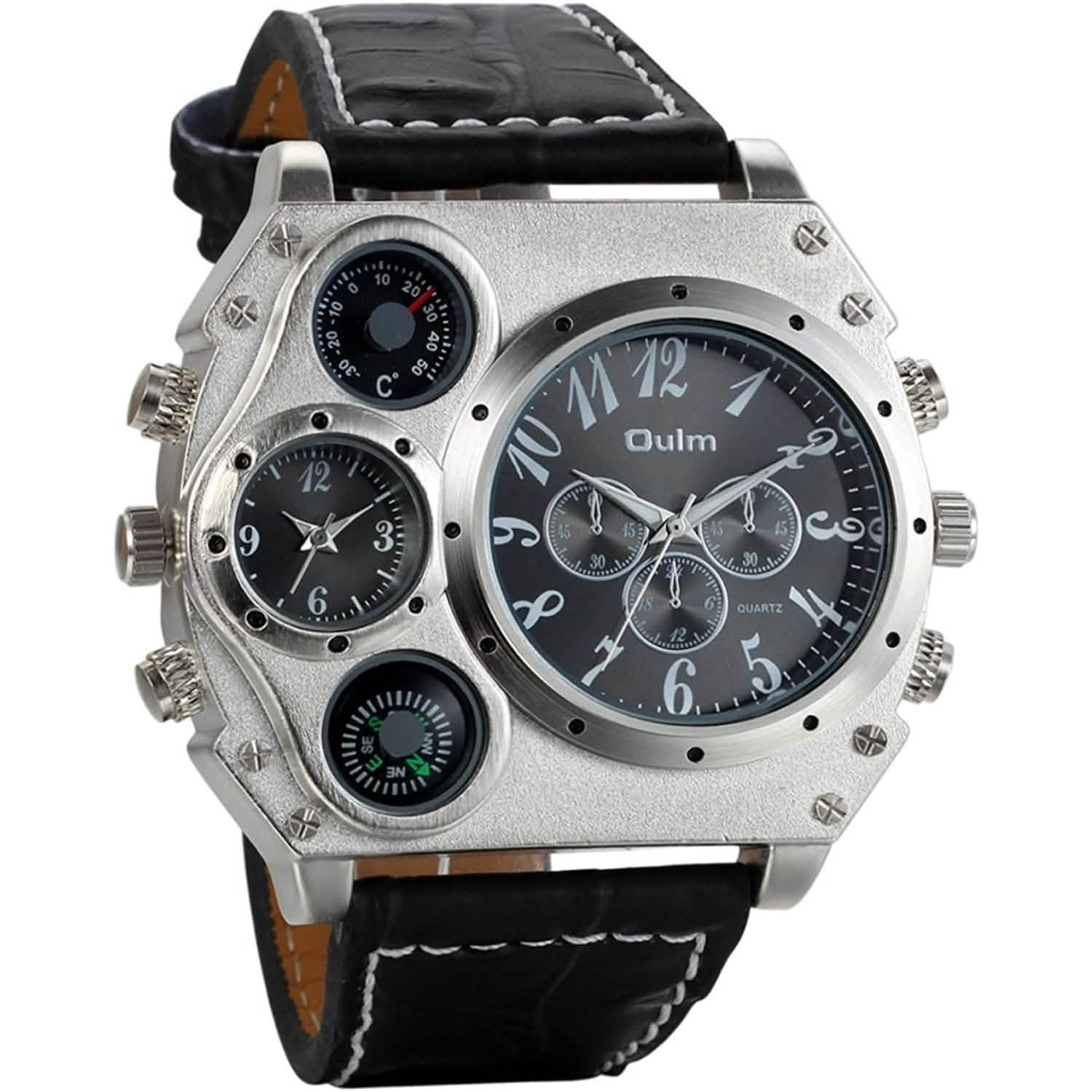 Avaner Mens Big Face Dual Time Zone Leather Strap Sport Watch