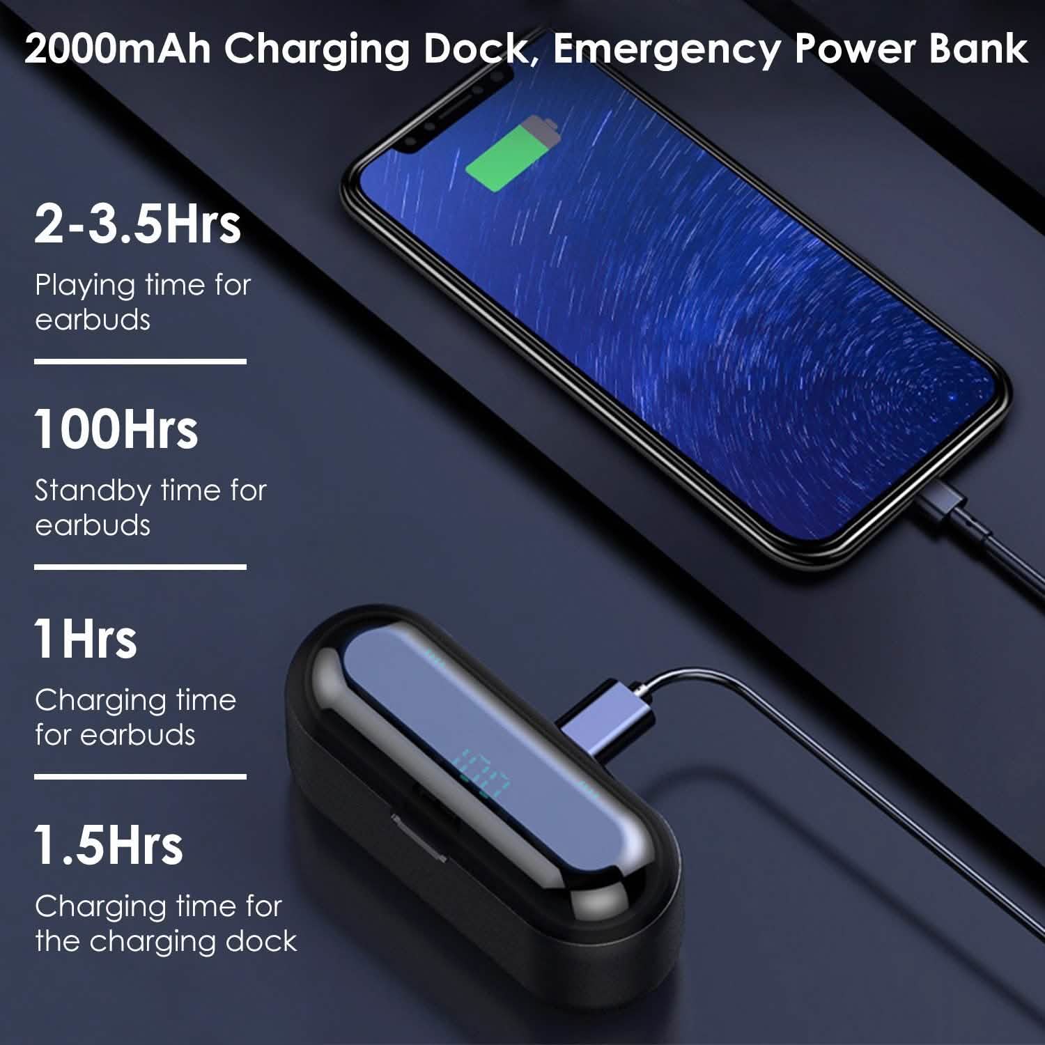 True Wireless V5.0 Earbuds with LED Display Magnetic Charging Dock